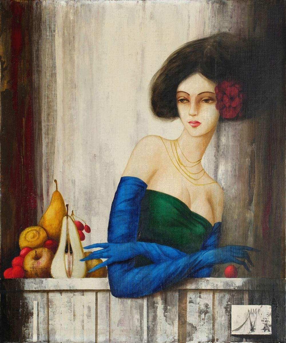 Philippe Augé Femme Aux Longs Gants De Soie Bleu