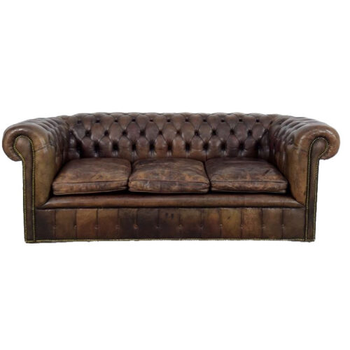 Large Antique Brown Leather Chesterfield Sofa, 1920s