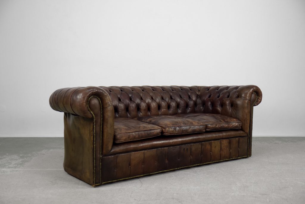 Large Antique Brown Leather Chesterfield Sofa, 1920s