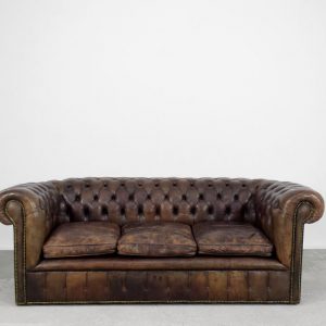 Large Antique Brown Leather Chesterfield Sofa, 1920s