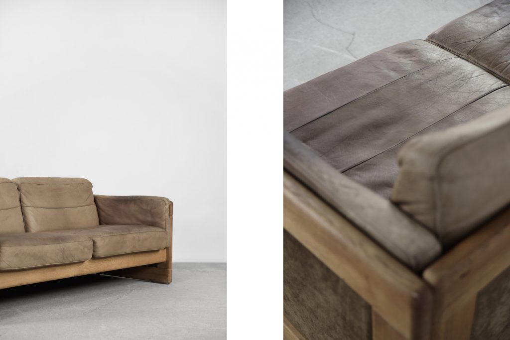 Vintage Scandinavian Mid-Century Modern Leather and Oak Sofa, 1970s