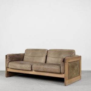 Vintage Scandinavian Mid-Century Modern Leather and Oak Sofa, 1970s