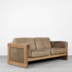 Vintage Scandinavian Mid-Century Modern Leather and Oak Sofa, 1970s