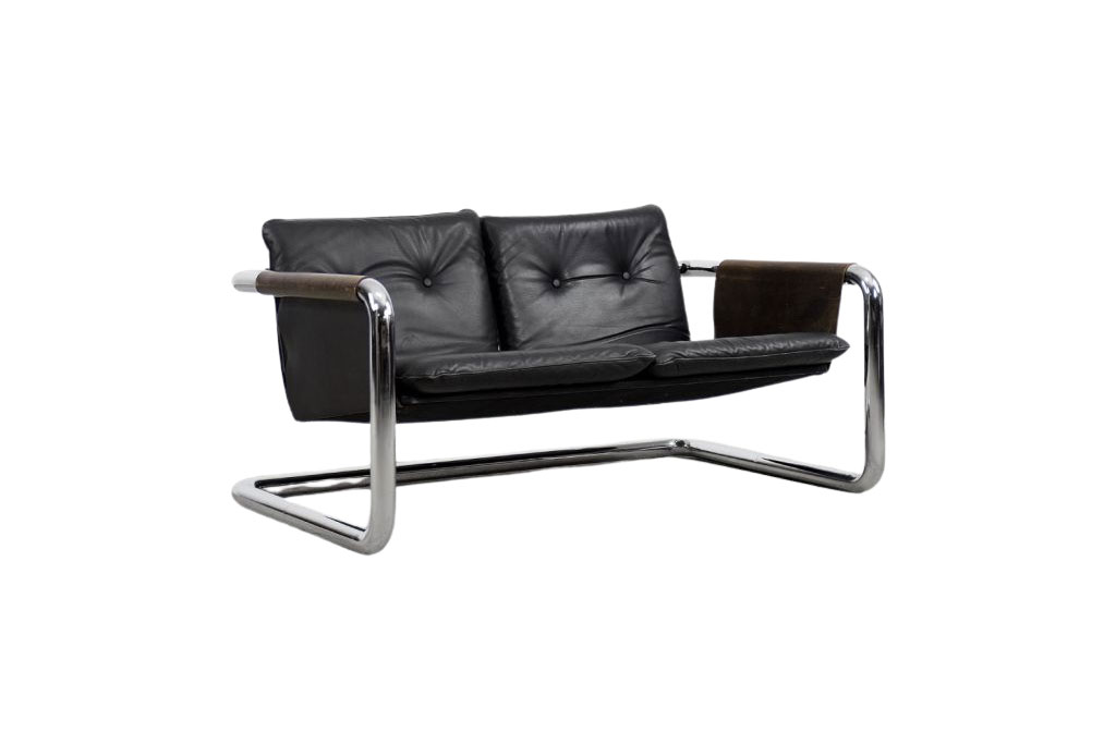 Vintage Bauhaus Tubular Metal & Leather Sofa, 1950s