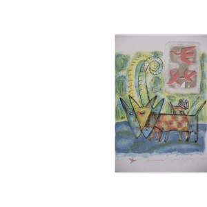 Vintage Color Lithograph by Aino Myllykangas, Heaven the Dog, 1993