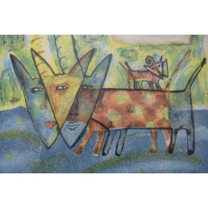 Vintage Color Lithograph by Aino Myllykangas, Heaven the Dog, 1993