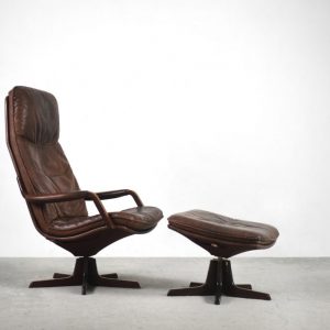 Danish Leather Adjustable Easy Chair & Ottoman Set from Berg Furniture, 1970s