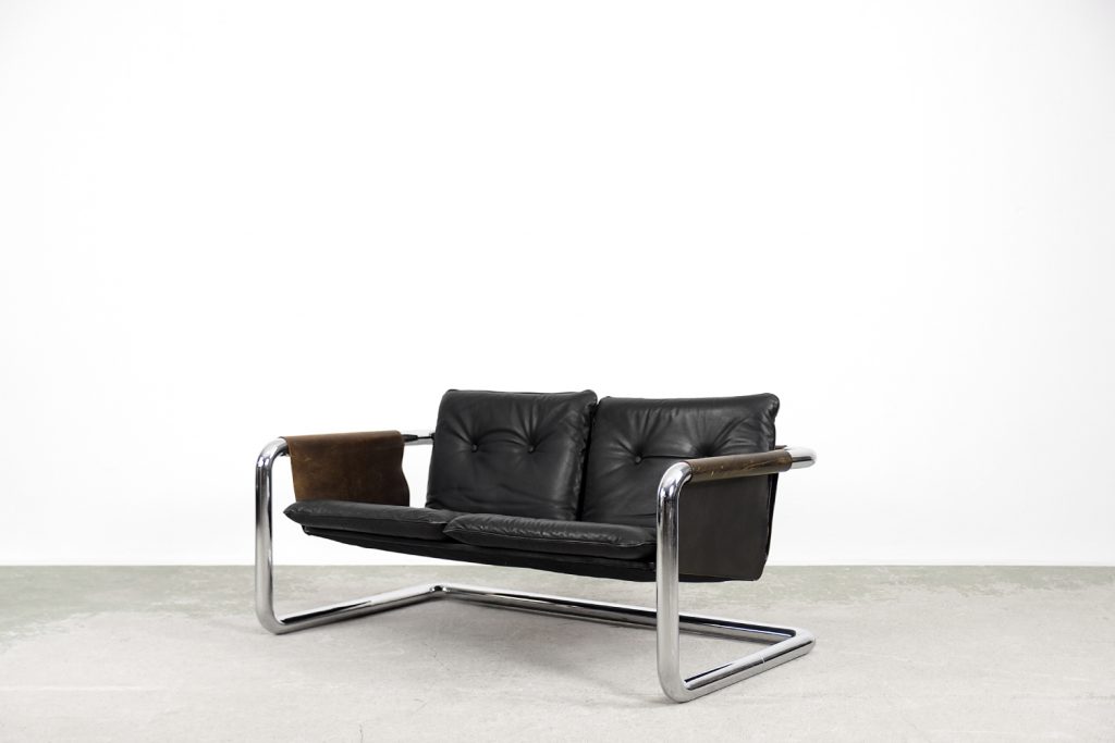 Vintage Bauhaus Tubular Metal & Leather Sofa, 1950s