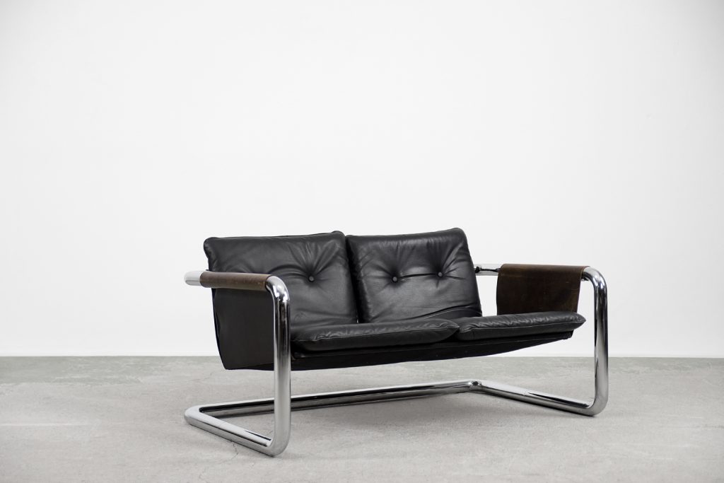 Vintage Bauhaus Tubular Metal & Leather Sofa, 1950s