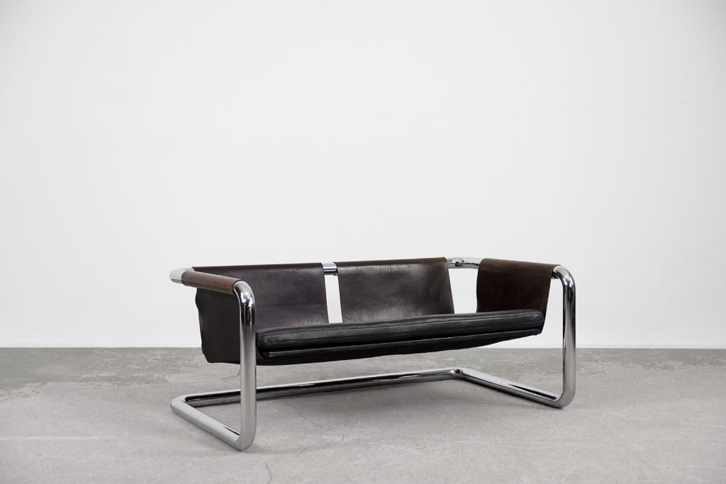 Vintage Bauhaus Tubular Metal & Leather Sofa, 1950s