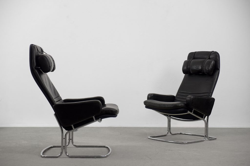 Scandinavian Black Leather Armchairs from Ire Mobel AB, 1970s, Set of 2