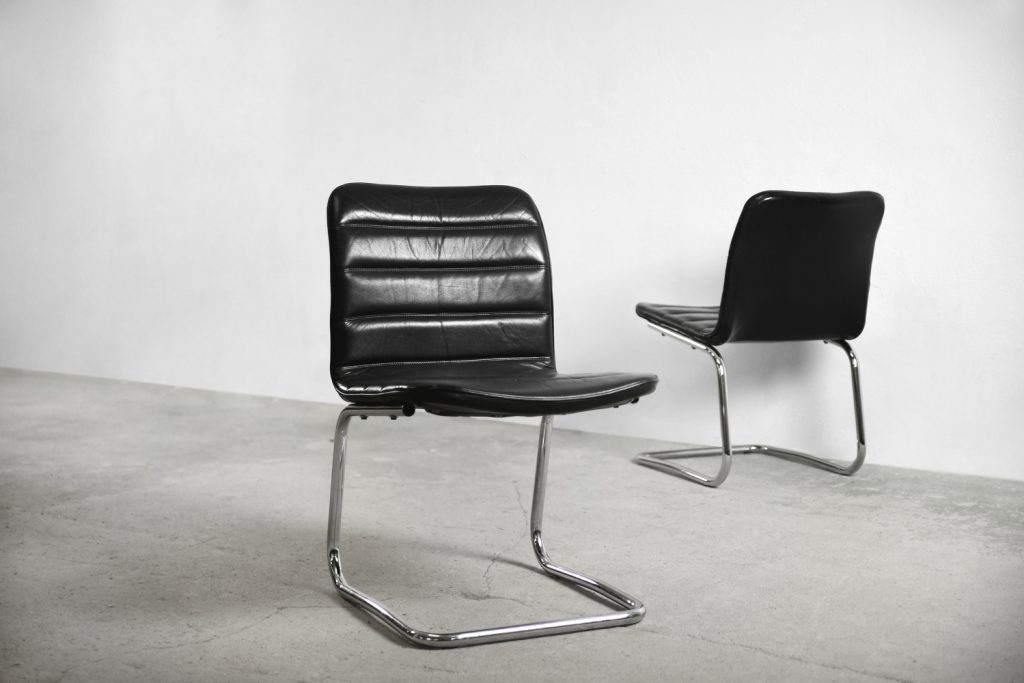 Minimalist Chrome & Black Leather Club Chairs from Pol International, 1960s, Set of 2