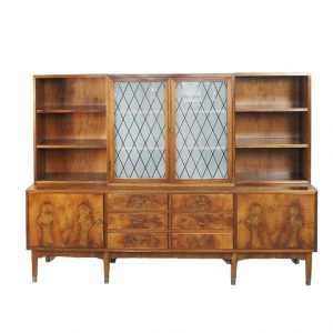 Antique Walnut and Burl Swedish Buffet with Glass Vitrine, 1940s