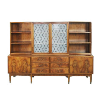 Antique Walnut and Burl Swedish Buffet with Glass Vitrine, 1940s
