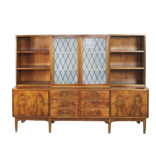 Antique Walnut and Burl Swedish Buffet with Glass Vitrine, 1940s