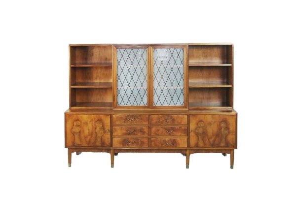 Antique Walnut and Burl Swedish Buffet with Glass Vitrine, 1940s
