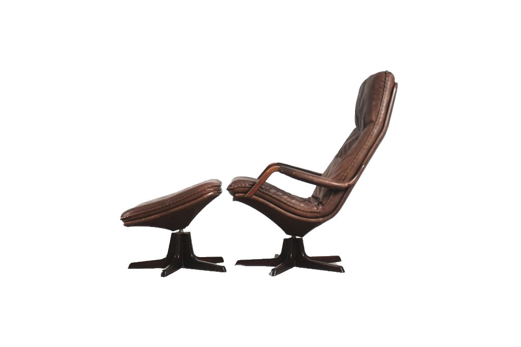 Danish Leather Adjustable Easy Chair & Ottoman Set from Berg Furniture, 1970s