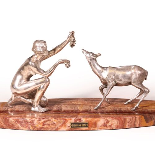 Art Deco Silvered Bronze Of Lady Feeding Deer By D’Arte C1930