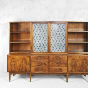 Walnut and Burl Swedish Buffet with Glass Vitrine, 1940s