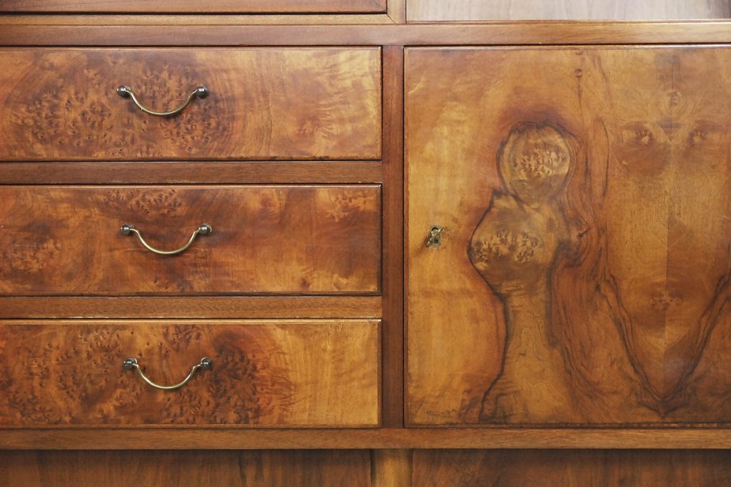 Walnut and Burl Swedish Buffet with Glass Vitrine, 1940s