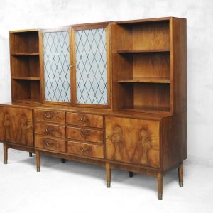 Walnut and Burl Swedish Buffet with Glass Vitrine, 1940s