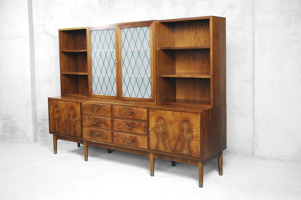 Walnut and Burl Swedish Buffet with Glass Vitrine, 1940s
