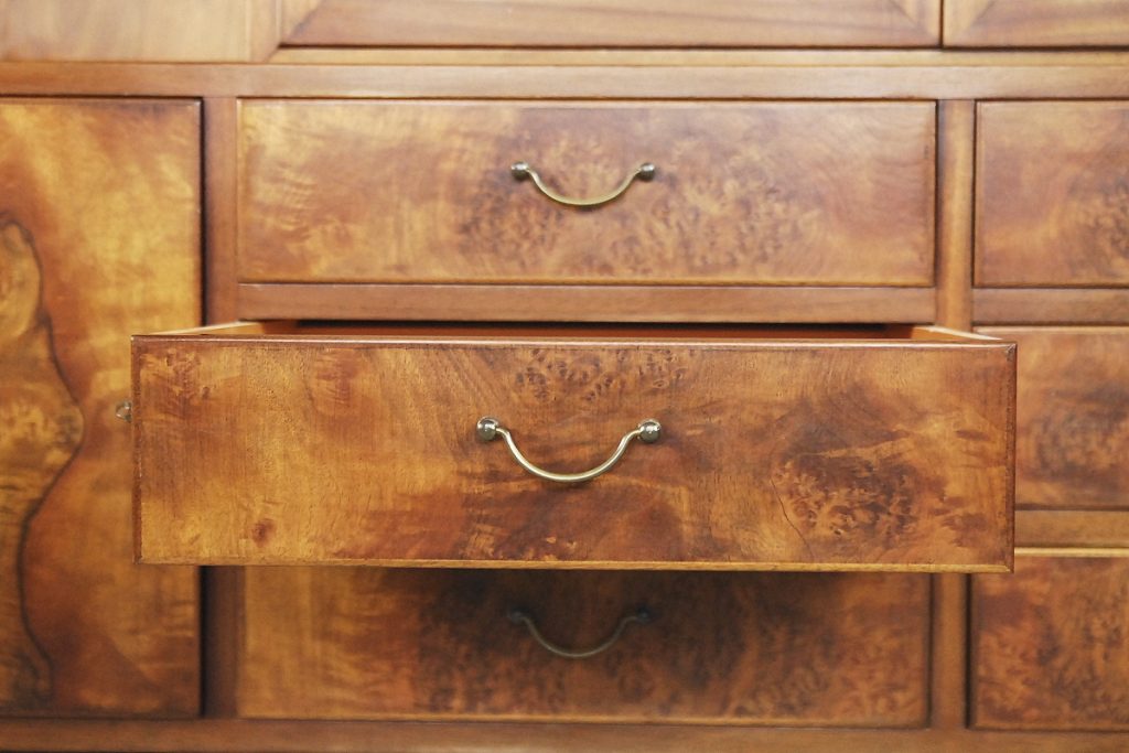 Walnut and Burl Swedish Buffet with Glass Vitrine, 1940s
