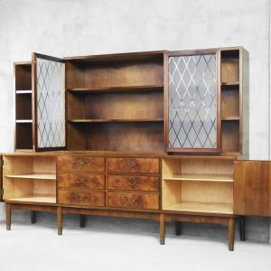 Walnut and Burl Swedish Buffet with Glass Vitrine, 1940s