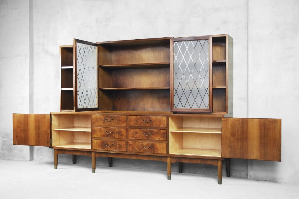 Walnut and Burl Swedish Buffet with Glass Vitrine, 1940s