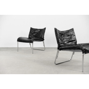 Vintage Mid-Century Scandinavian Modern Black Patchwork Leather Lounge Chair SET from IKEA, 1980s, Set of 2