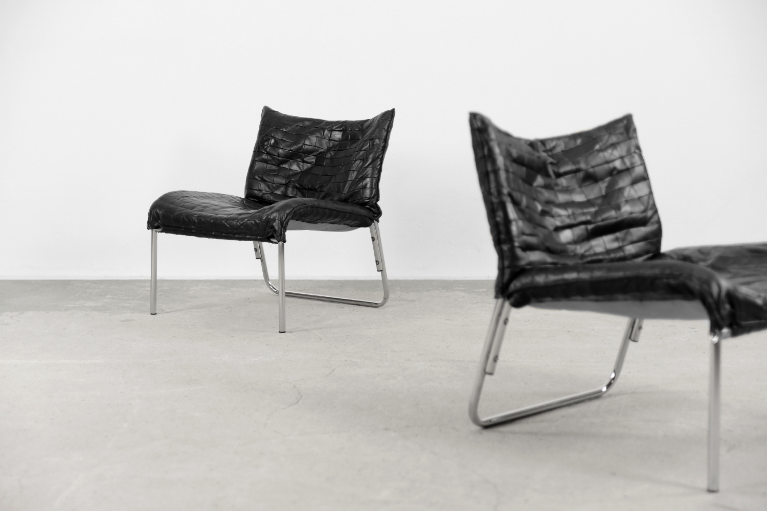Vintage Mid-Century Scandinavian Modern Black Patchwork Leather Lounge Chair SET from IKEA, 1980s, Set of 2