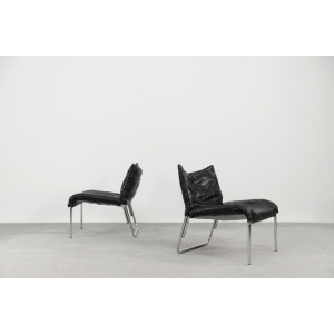 Vintage Mid-Century Scandinavian Modern Black Patchwork Leather Lounge Chair SET from IKEA, 1980s, Set of 2
