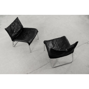 Vintage Mid-Century Scandinavian Modern Black Patchwork Leather Lounge Chair SET from IKEA, 1980s, Set of 2