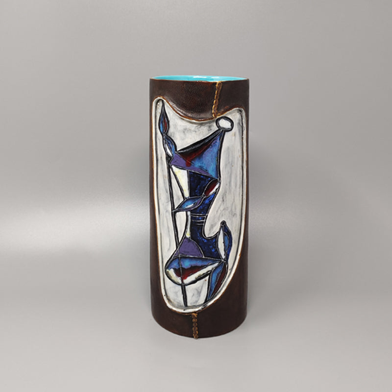 1950s Gorgeous Marcello Fantoni Ceramic Vase Encased in Leather. Made in Italy