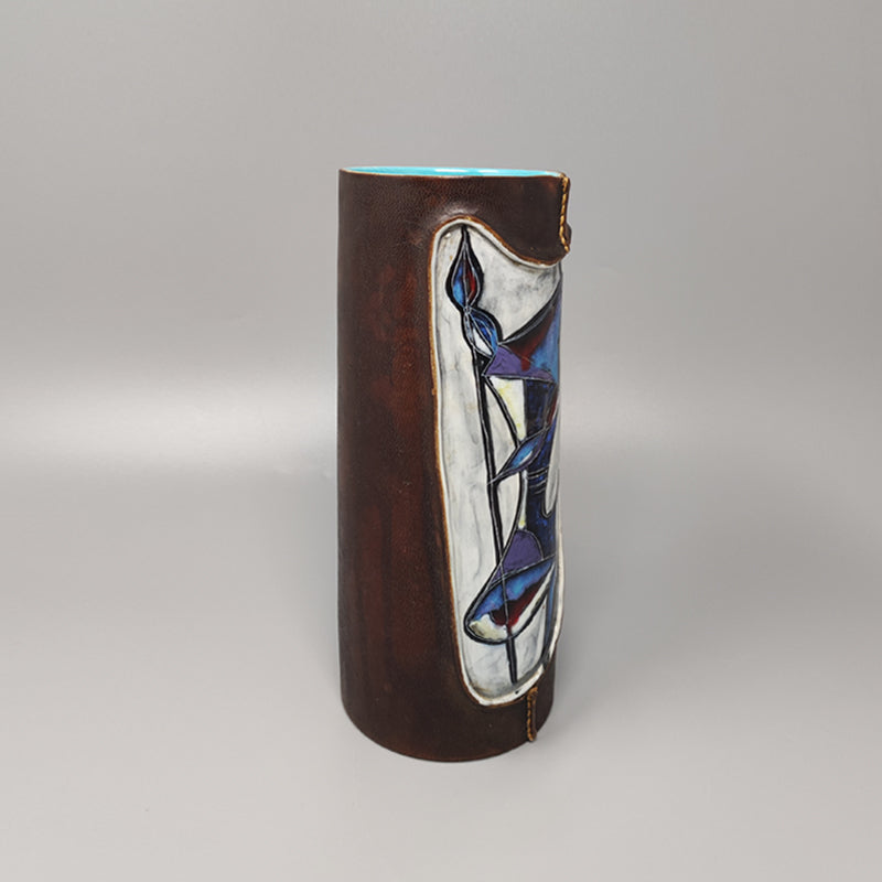 1950s Gorgeous Marcello Fantoni Ceramic Vase Encased in Leather. Made in Italy