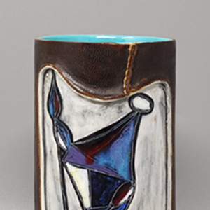 1950s Gorgeous Marcello Fantoni Ceramic Vase Encased in Leather. Made in Italy