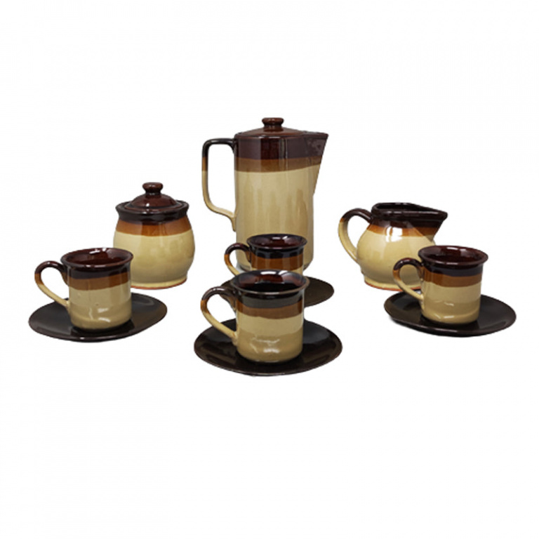 1970s Gorgeous Brown Coffee Set in Faenza Ceramic. Handmade Made in Italy