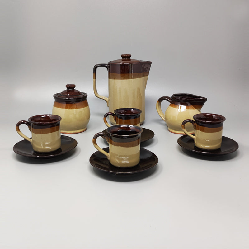 1970s Gorgeous Brown Coffee Set in Faenza Ceramic. Handmade Made in Italy