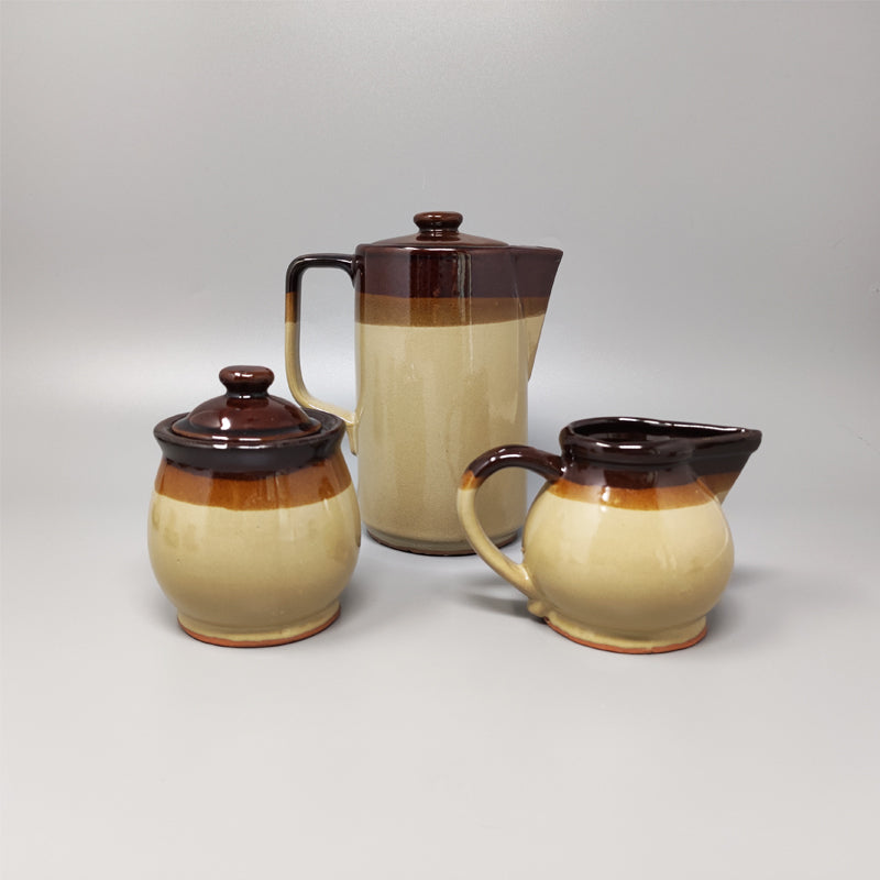 1970s Gorgeous Brown Coffee Set in Faenza Ceramic. Handmade Made in Italy