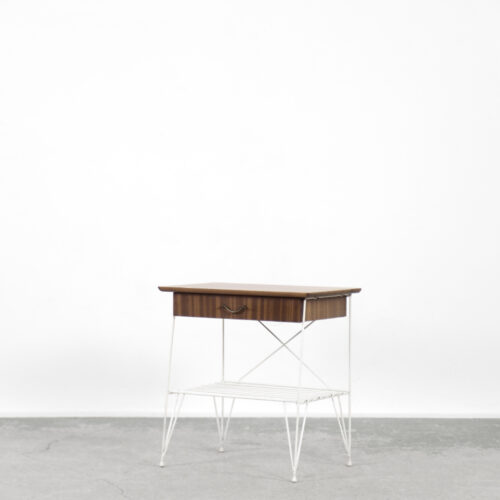 Vintage Mid-Century Scandinavian Modern Brown Walnut Nightstand with White Metal Legs, 1960s