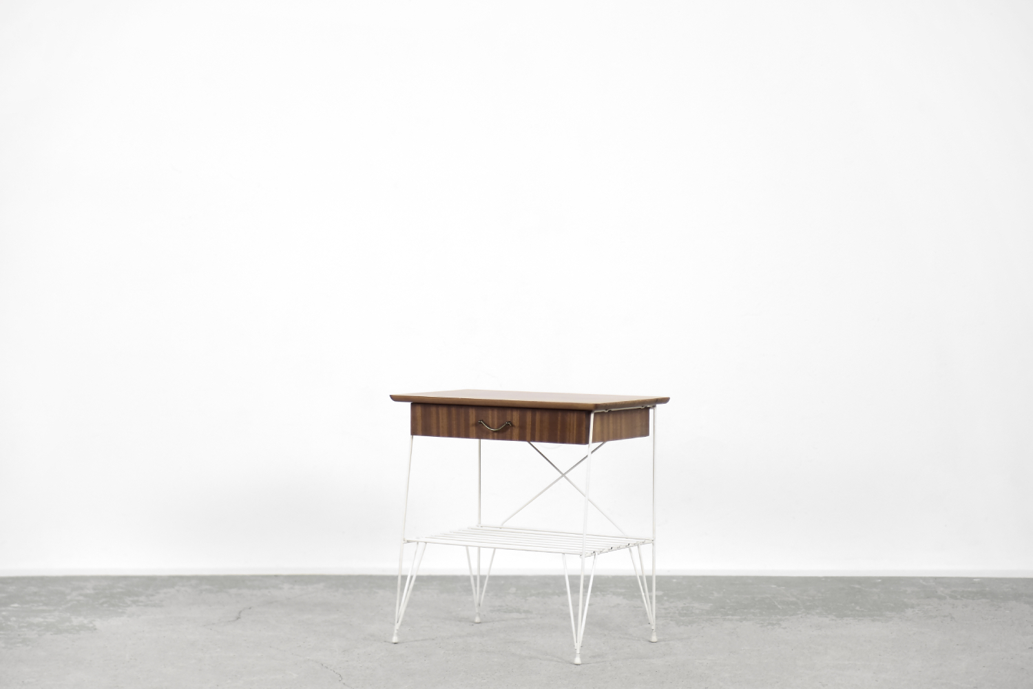 Vintage Mid-Century Scandinavian Modern Brown Walnut Nightstand with White Metal Legs, 1960s