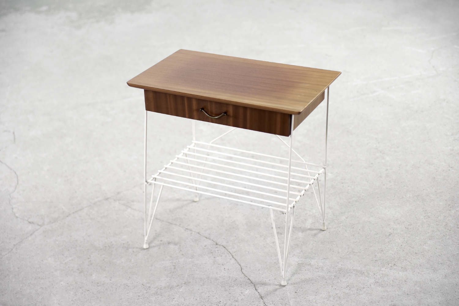 Vintage Mid-Century Scandinavian Modern Brown Walnut Nightstand with White Metal Legs, 1960s