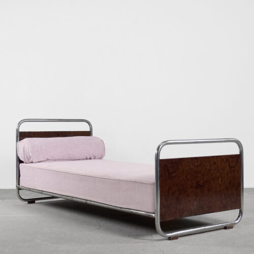 Vintage Art Déco Streamline Burled Wood Tubular Steel Bauhaus Bed, 1920s