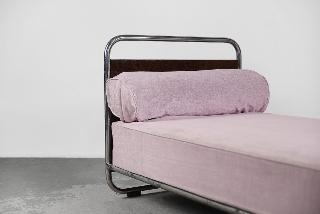 Vintage Art Déco Streamline Burled Wood Tubular Steel Bauhaus Bed, 1920s