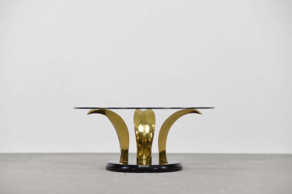 Vintage Glamour Hollywood Regency Glass & Brass Palm Leaf Cocktail Coffee Table, 1970s