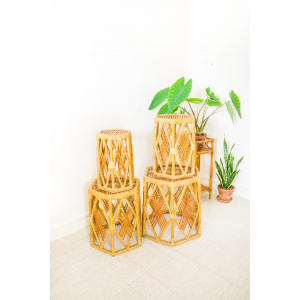Nest of 4 Rattan Hexagonal Side Tables / Plant Stands
