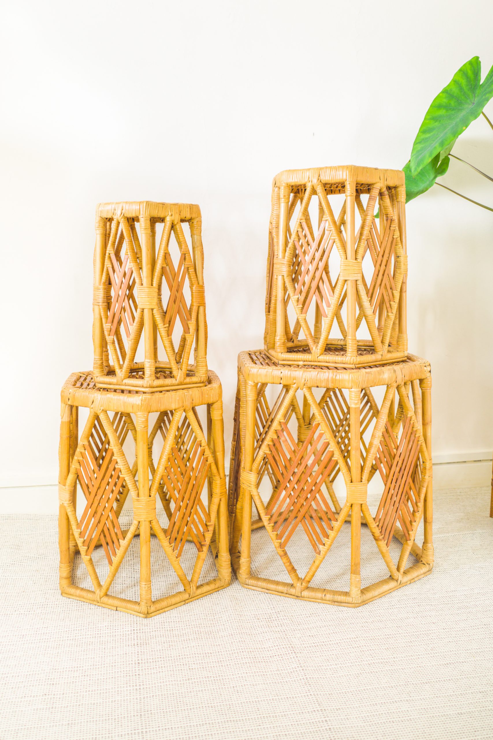 Nest of 4 Rattan Hexagonal Side Tables / Plant Stands