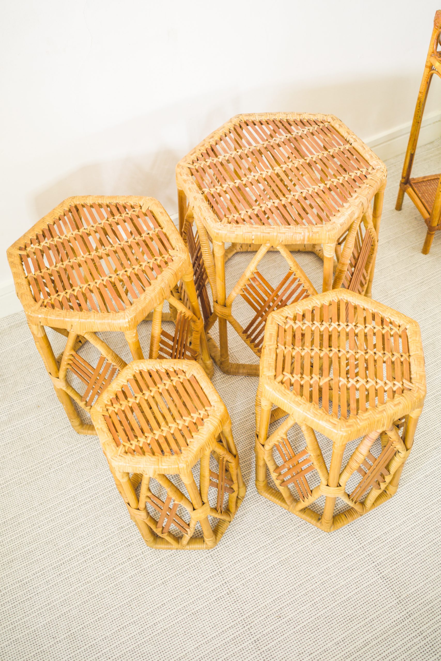 Nest of 4 Rattan Hexagonal Side Tables / Plant Stands