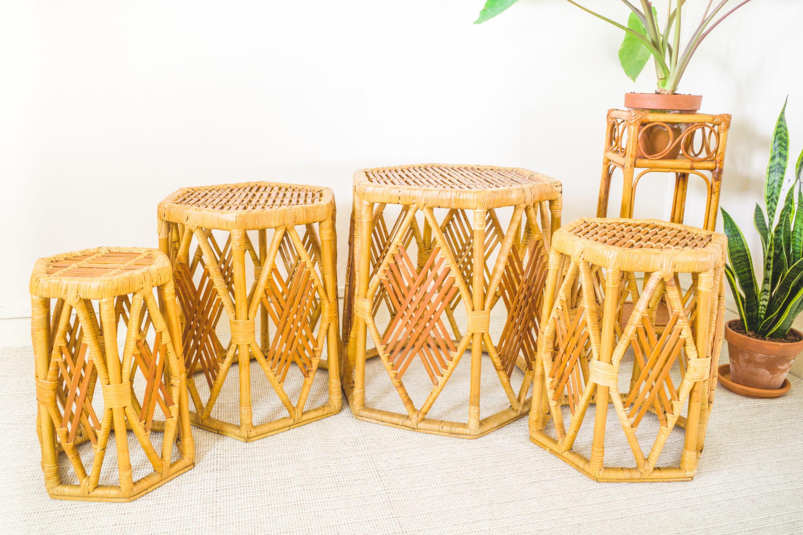Nest of 4 Rattan Hexagonal Side Tables / Plant Stands