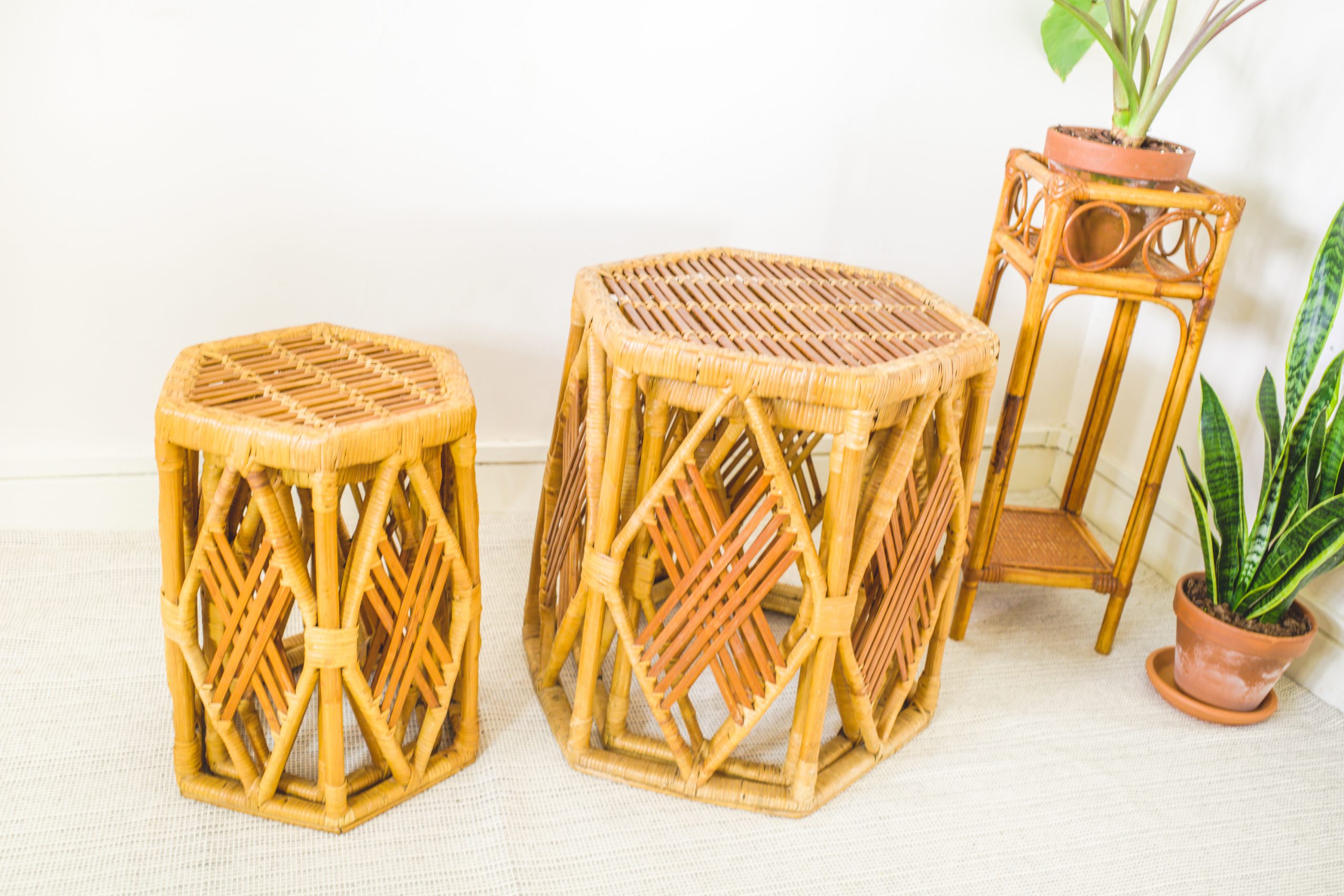 Nest of 4 Rattan Hexagonal Side Tables / Plant Stands